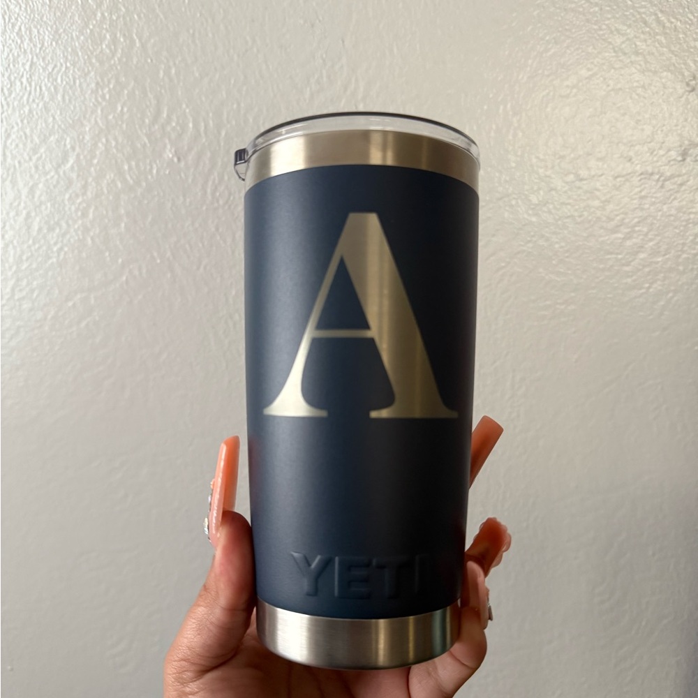 YETI Dark Blue Tumbler with Silver Lettering
